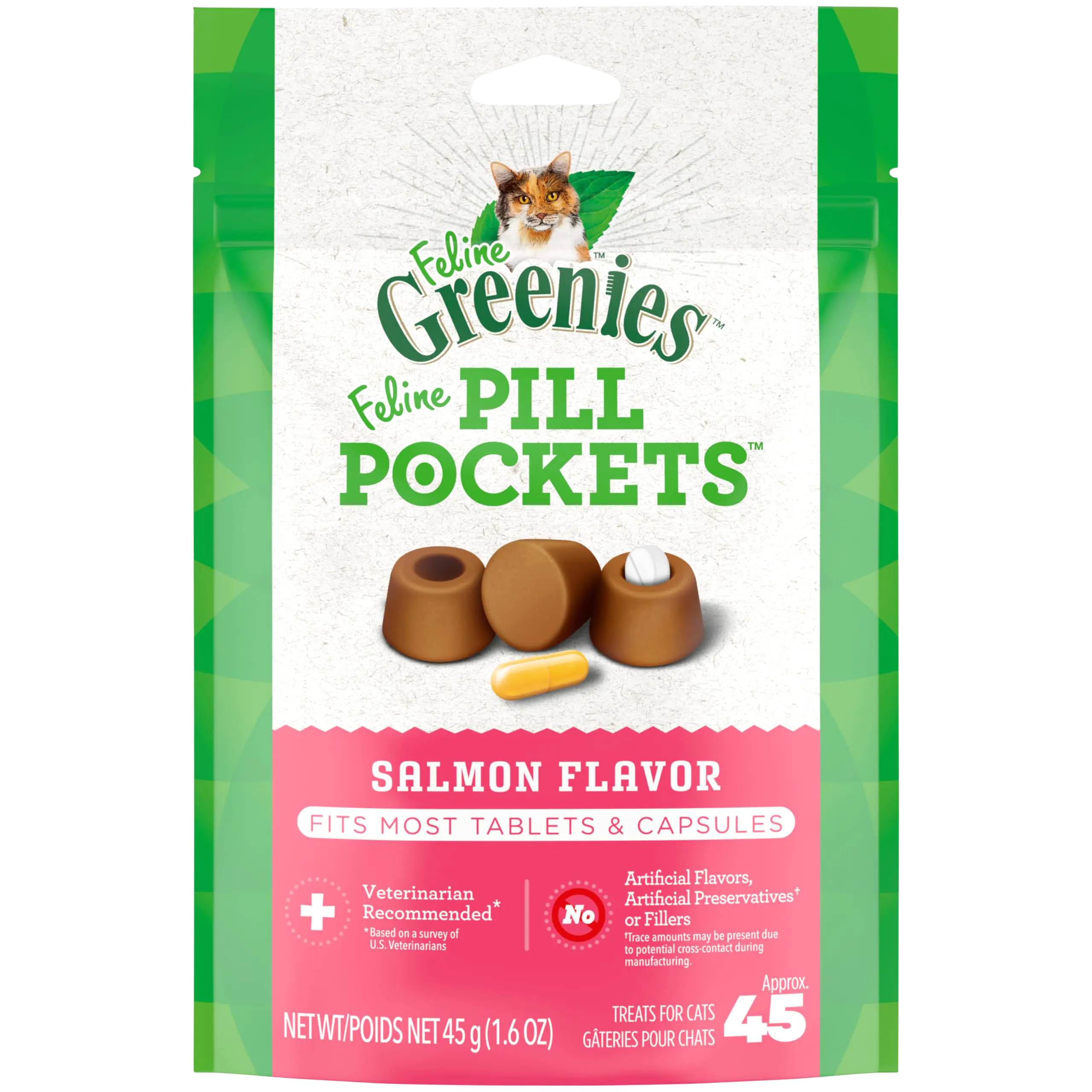 FELINE GREENIES PILL POCKETS for Cats Natural Soft Cat Treats Salmon Flavor 1.6 oz. Pack (45 Treats)