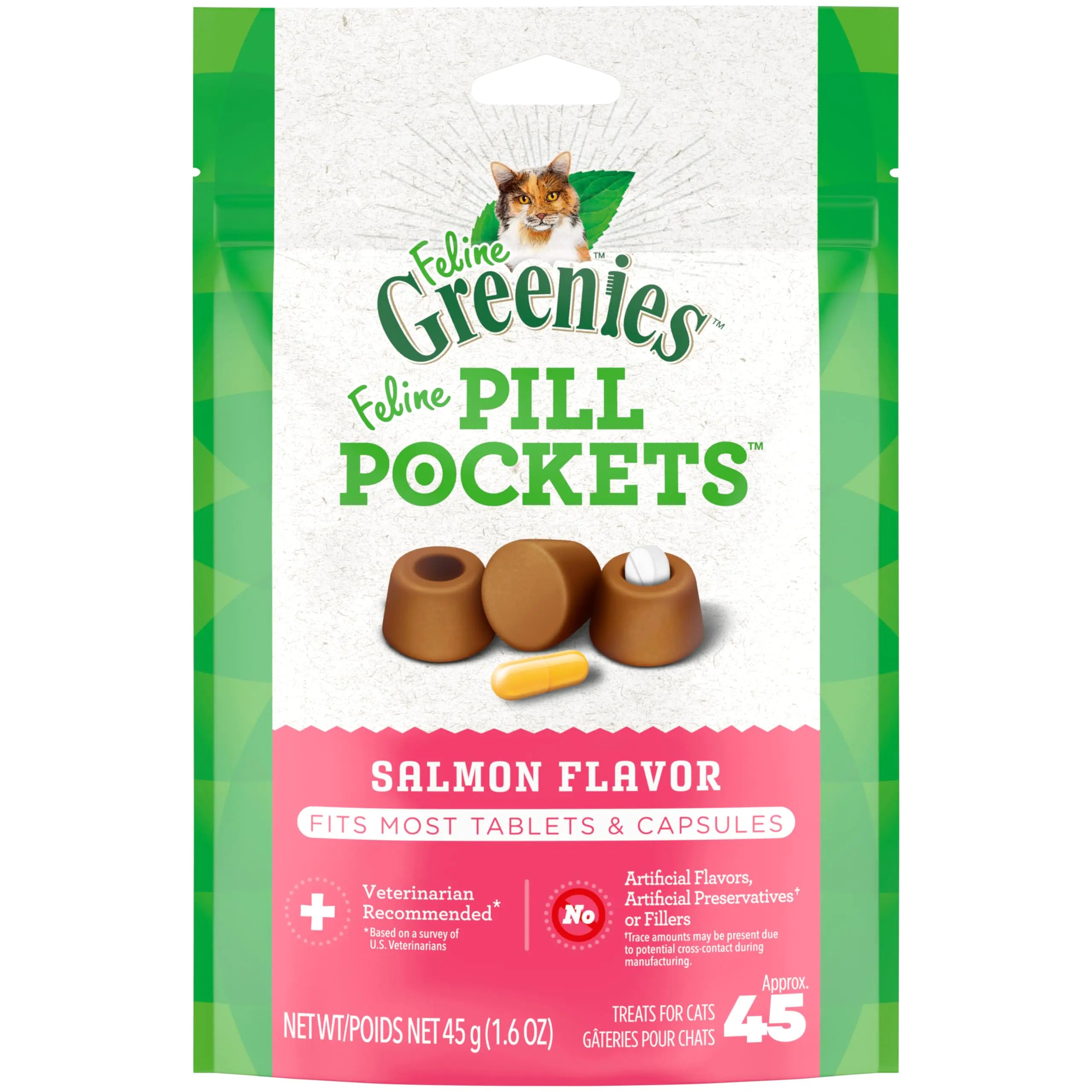 FELINE GREENIES PILL POCKETS for Cats Natural Soft Cat Treats Salmon Flavor 1.6 oz. Pack (45 Treats)