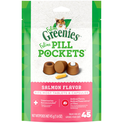 FELINE GREENIES PILL POCKETS for Cats Natural Soft Cat Treats Salmon Flavor 1.6 oz. Pack (45 Treats)
