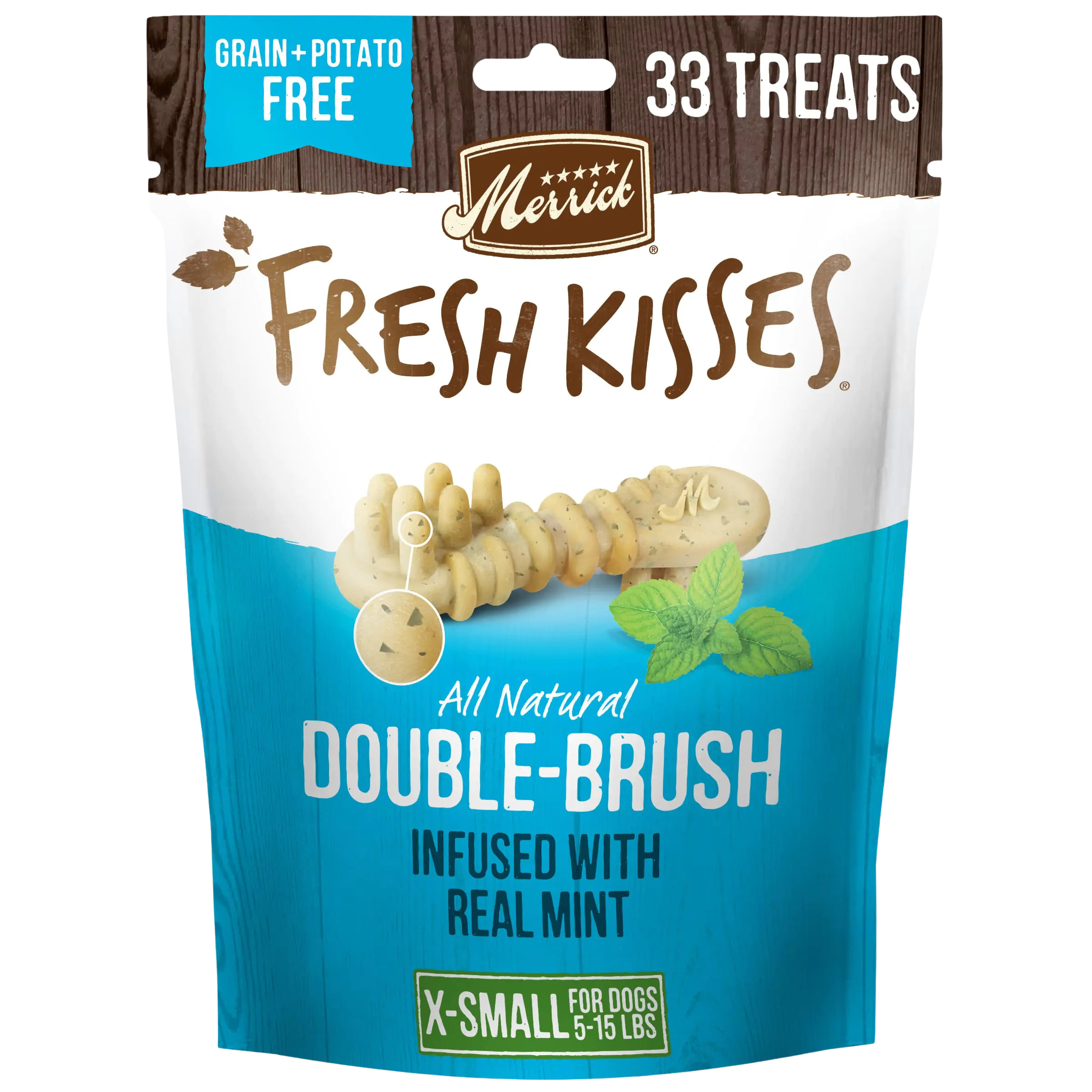 Merrick Fresh Kisses Natural Dental Chews Toothbrush Treat Shape Infused With Real Mint - 33 ct. Bag