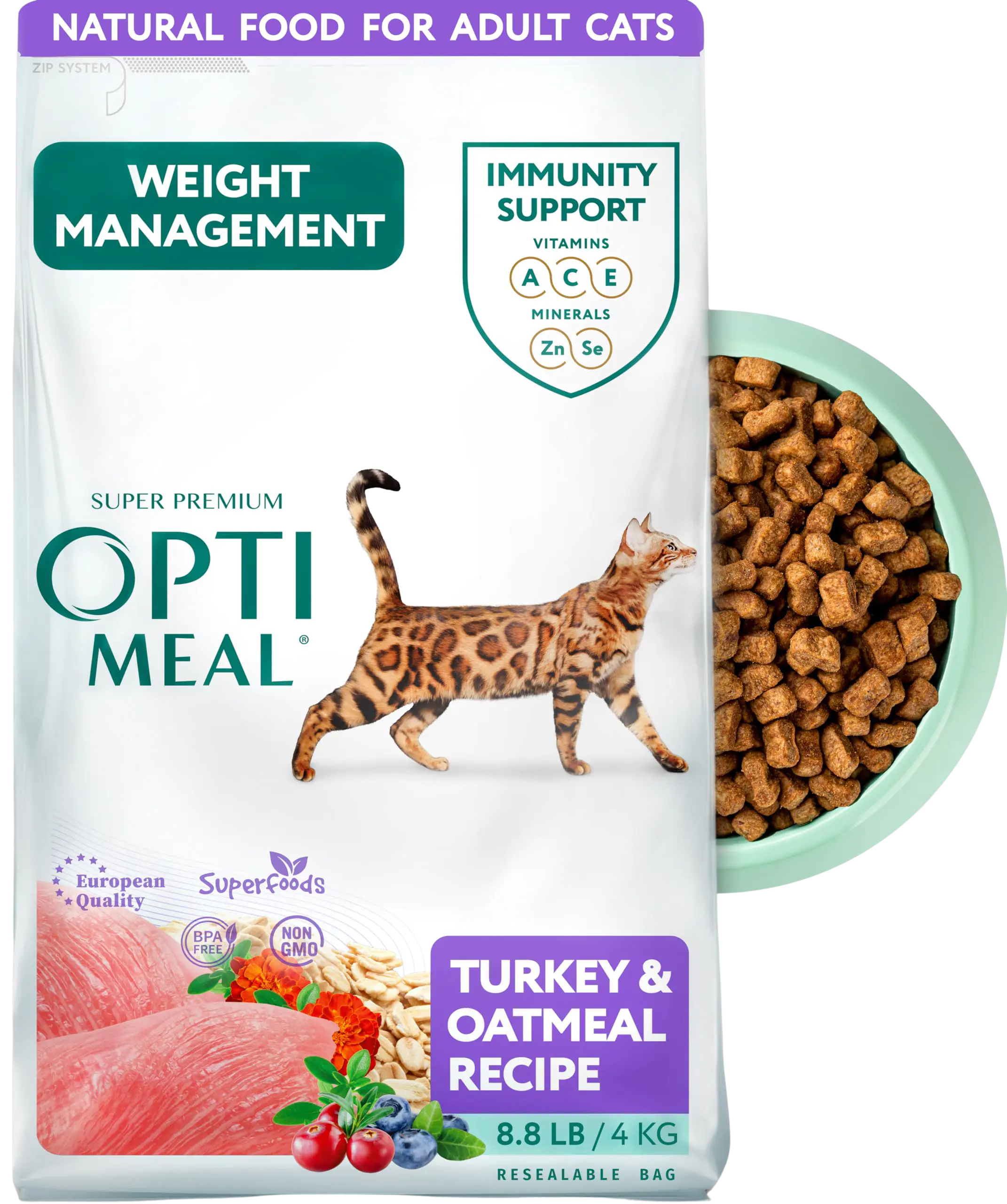 Optimeal Weight Control Cat Food - Proudly Ukrainian - Cat Food Dry Recipe with Metabolism Support for Healthy Digestion (8.8 lbs Turkey & Oatmeal)